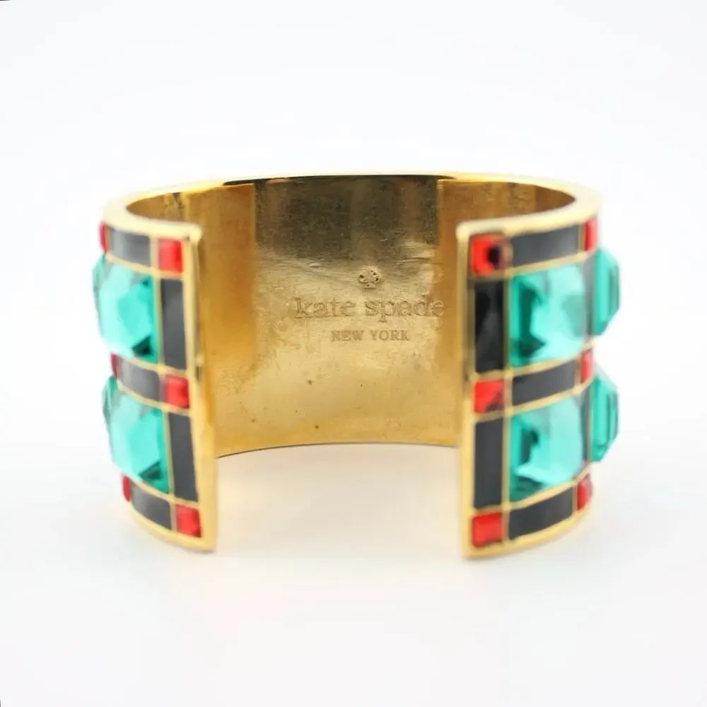 Kate Spade Lewitt Squares Gold Green Red Enamel Cuff Bracelet - Picture 6 of 9